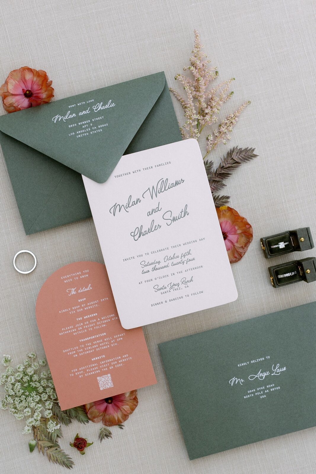 Custom wedding invitation suite for California ranch wedding