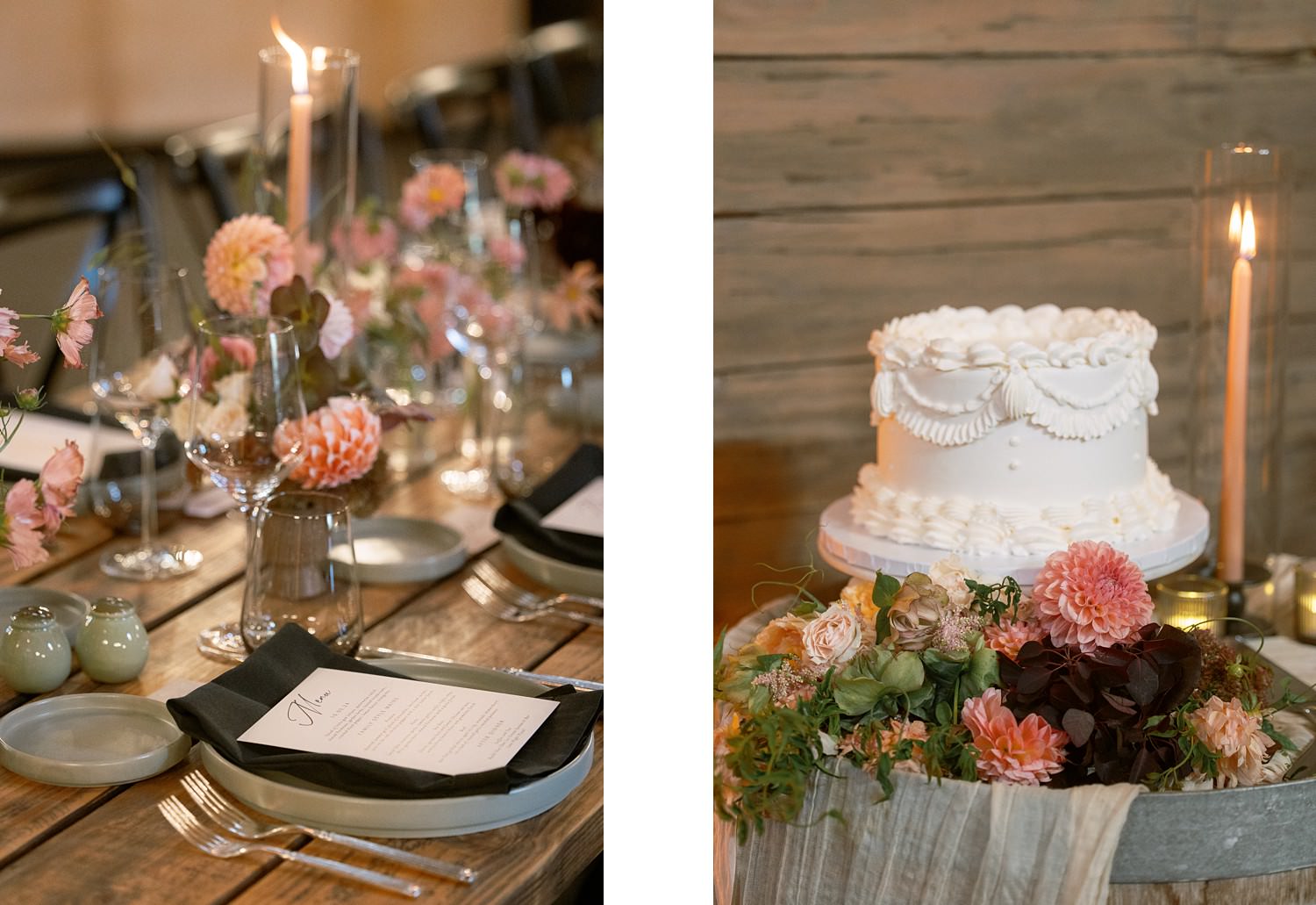 wedding cake and reception flowers