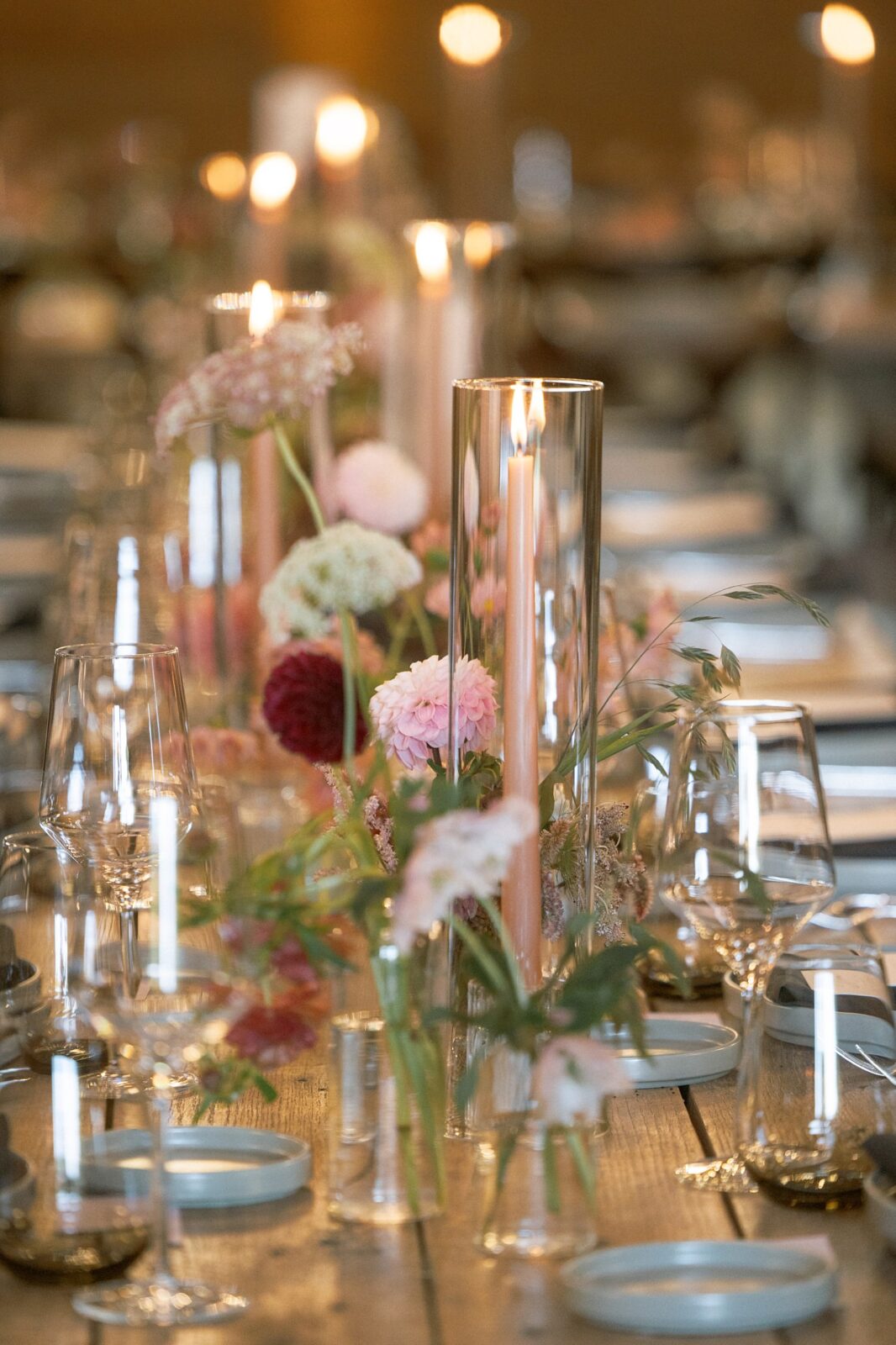 Flowers and table decor at a Santa Ynez Ranch wedding reception