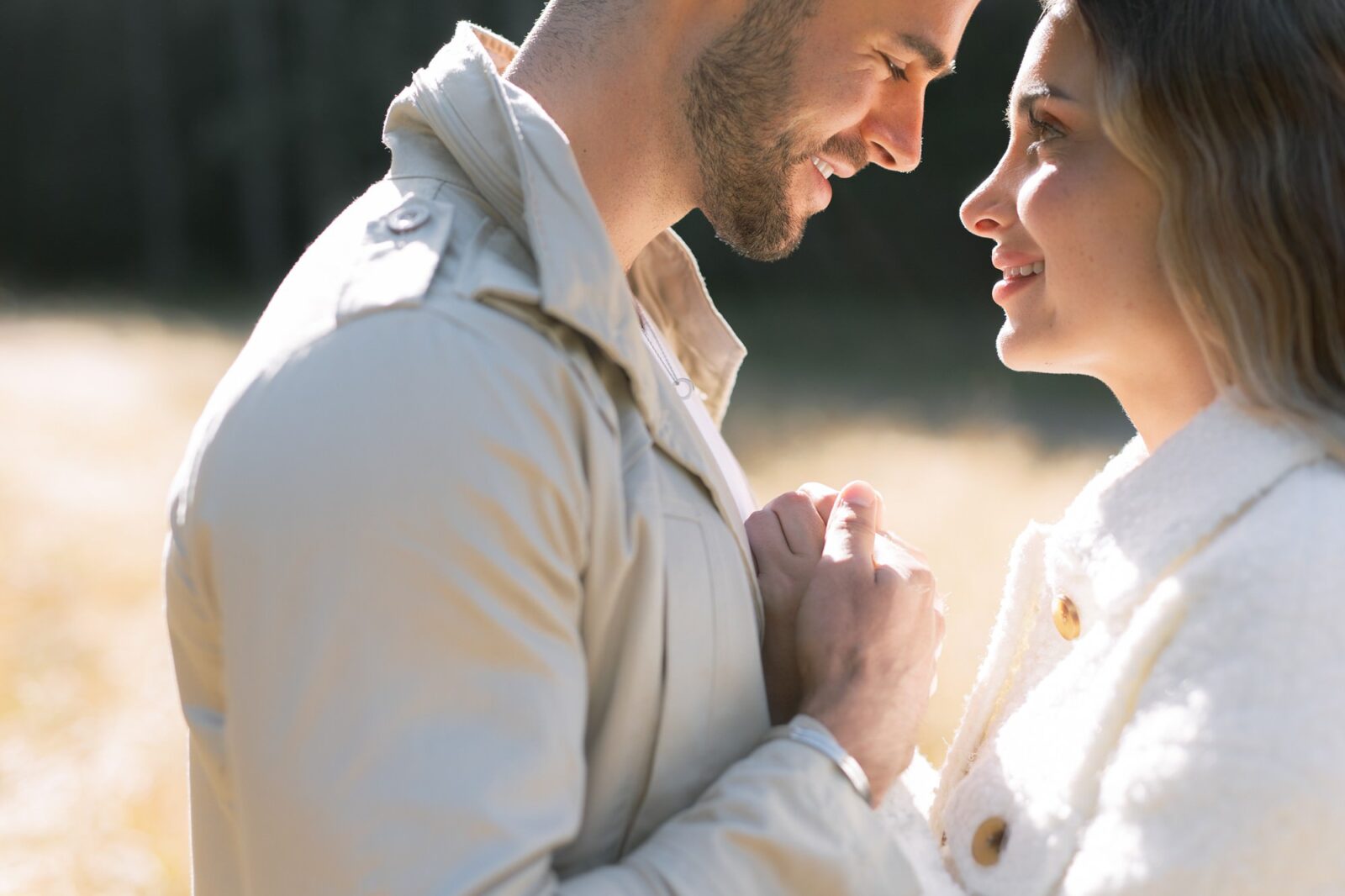Couple snuggles close during their engagement photo session in Northern California